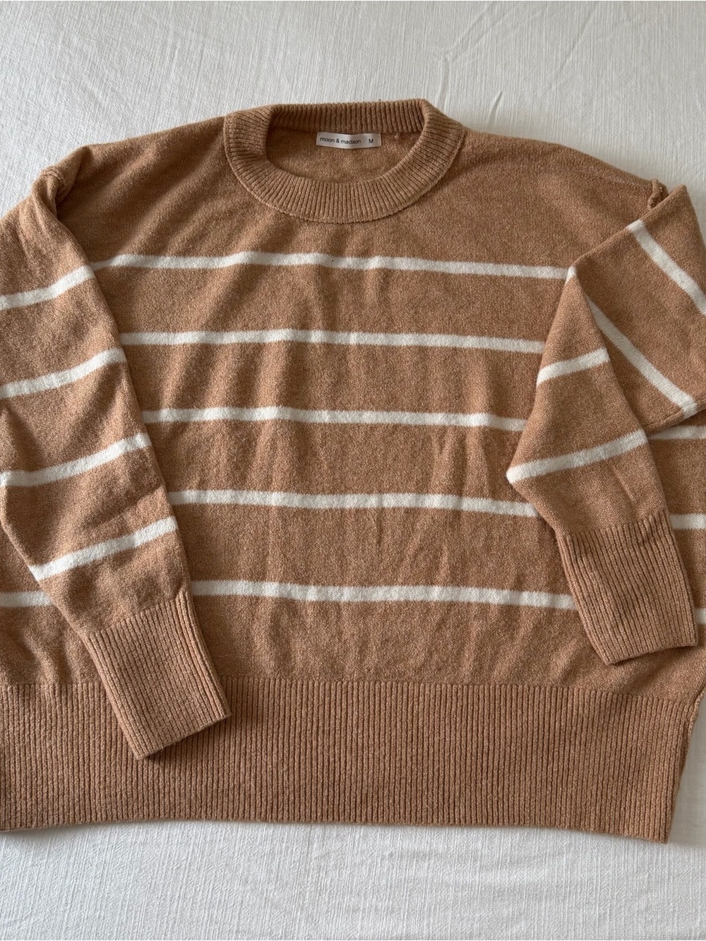 Moon & Madison Striped Knit Tan Cream Crewneck Sweater